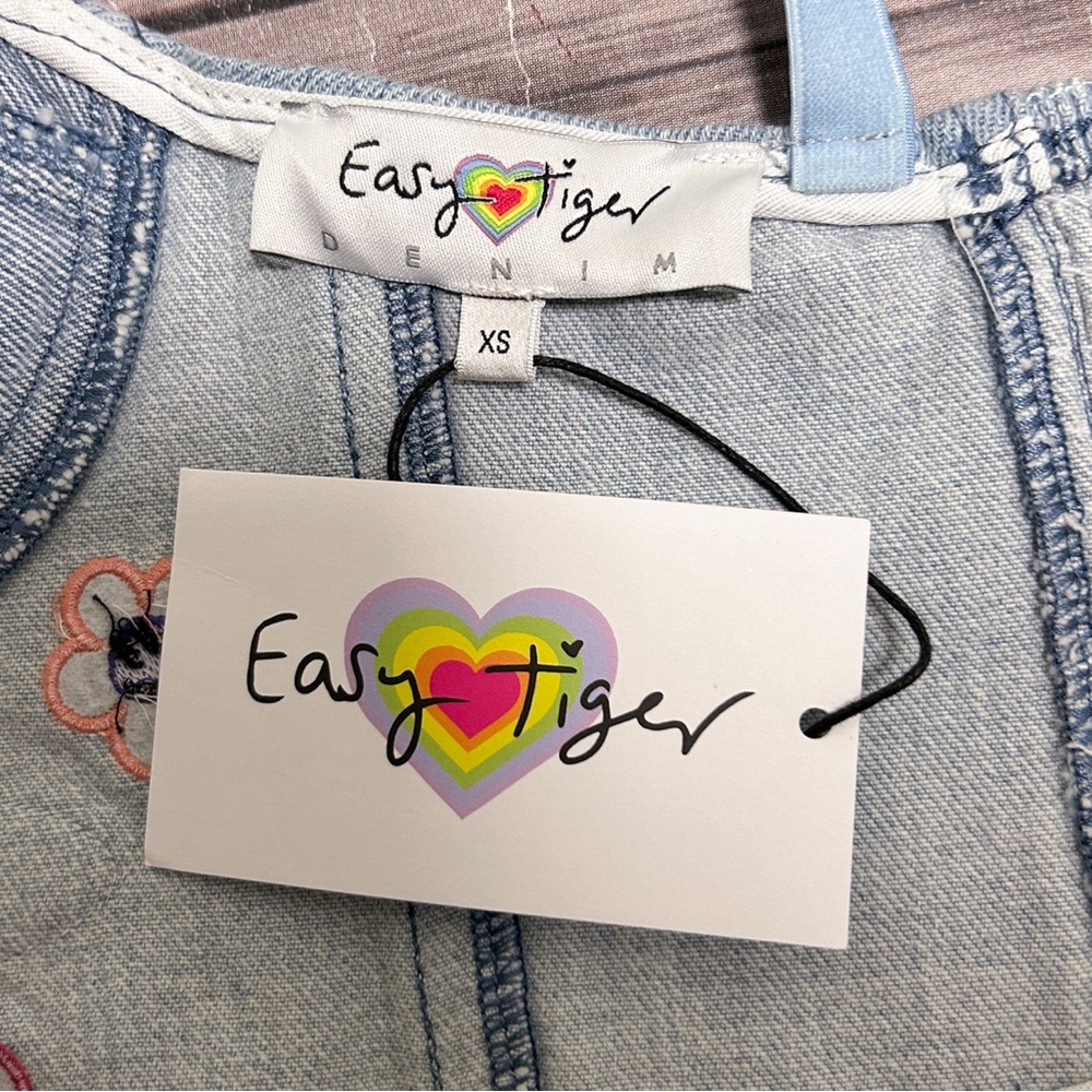 Easy Tiger Denim Flower Power Smiley Face Patches Zip Up Cropped Bustier XS NWT - Picture 6 of 8